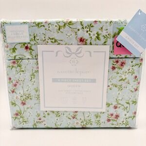 Nanette Lepore Queen 6 Piece Sheet Set Blue Floral Print Coquette Rosettes